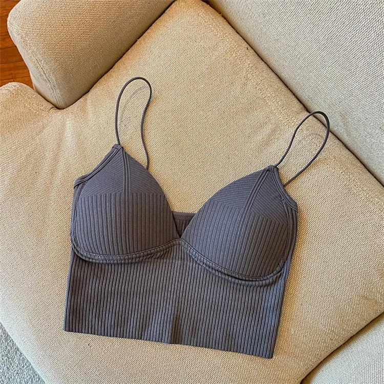 Seamless Crop Top V-Shaped Camisole Thin Straps Striped Solid Bralette