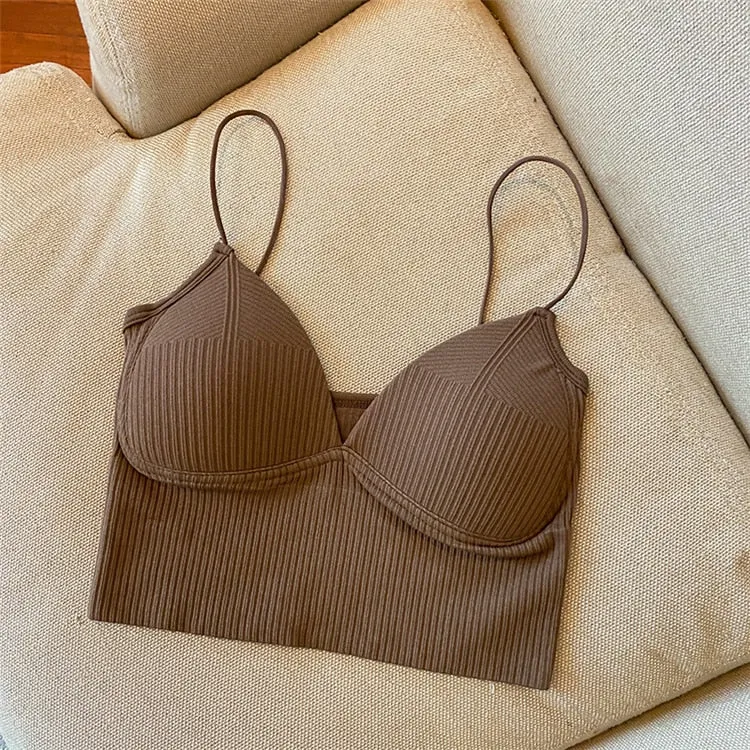 Seamless Crop Top V-Shaped Camisole Thin Straps Striped Solid Bralette