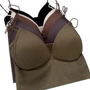 Seamless Crop Top V-Shaped Camisole Thin Straps Striped Solid Bralette