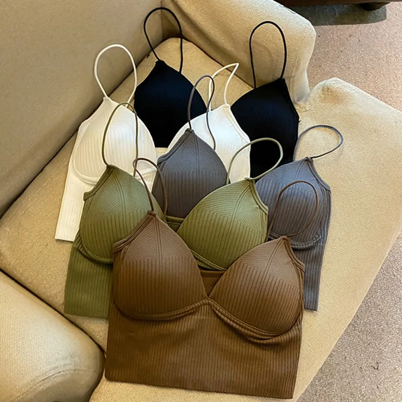 Seamless Crop Top V-Shaped Camisole Thin Straps Striped Solid Bralette