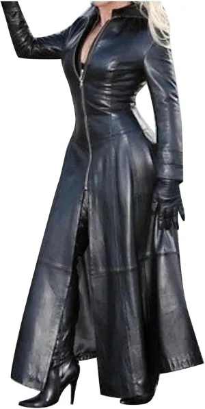 Sexy Faux Leather Jackets for Women Zip Up Long Maxi Trench Coat Trendy Cool Solid Color Mock Neck Moto Overcoat
