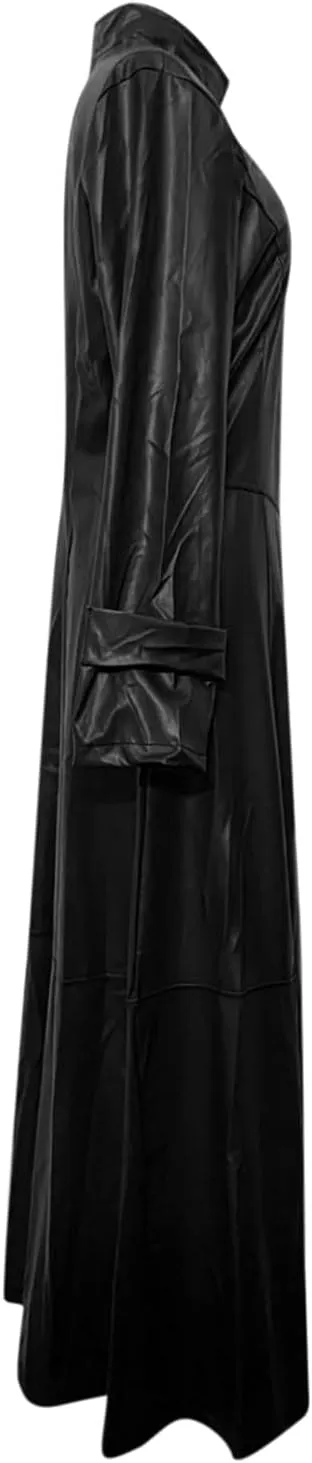 Sexy Faux Leather Jackets for Women Zip Up Long Maxi Trench Coat Trendy Cool Solid Color Mock Neck Moto Overcoat