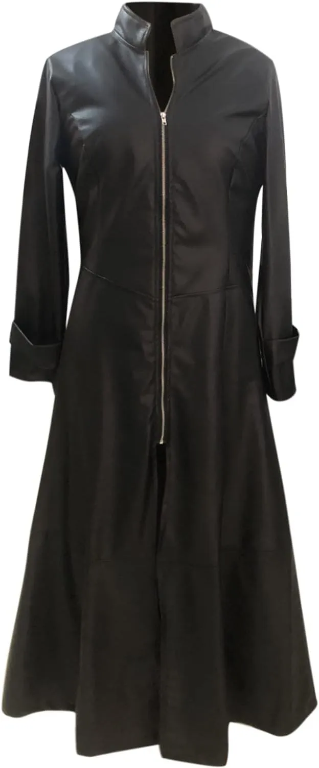 Sexy Faux Leather Jackets for Women Zip Up Long Maxi Trench Coat Trendy Cool Solid Color Mock Neck Moto Overcoat