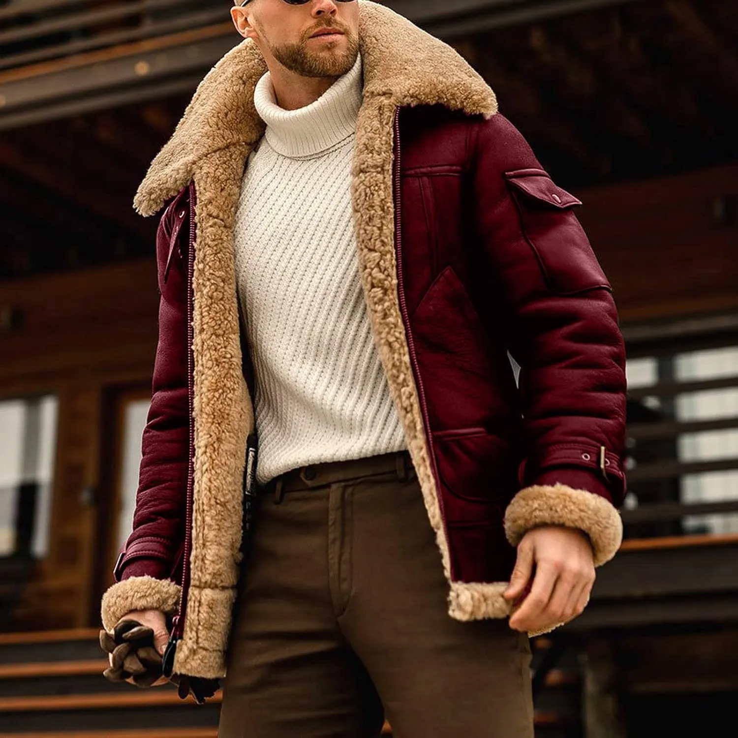 Sherpa Lined Leather Jacket Men Suede Sherpa Shearling Faux Fur Leather Coat Sheepskin Winter Coat Fur Collar Jacket