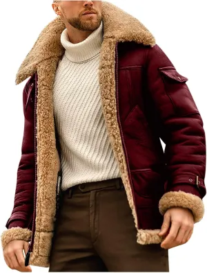 Sherpa Lined Leather Jacket Men Suede Sherpa Shearling Faux Fur Leather Coat Sheepskin Winter Coat Fur Collar Jacket