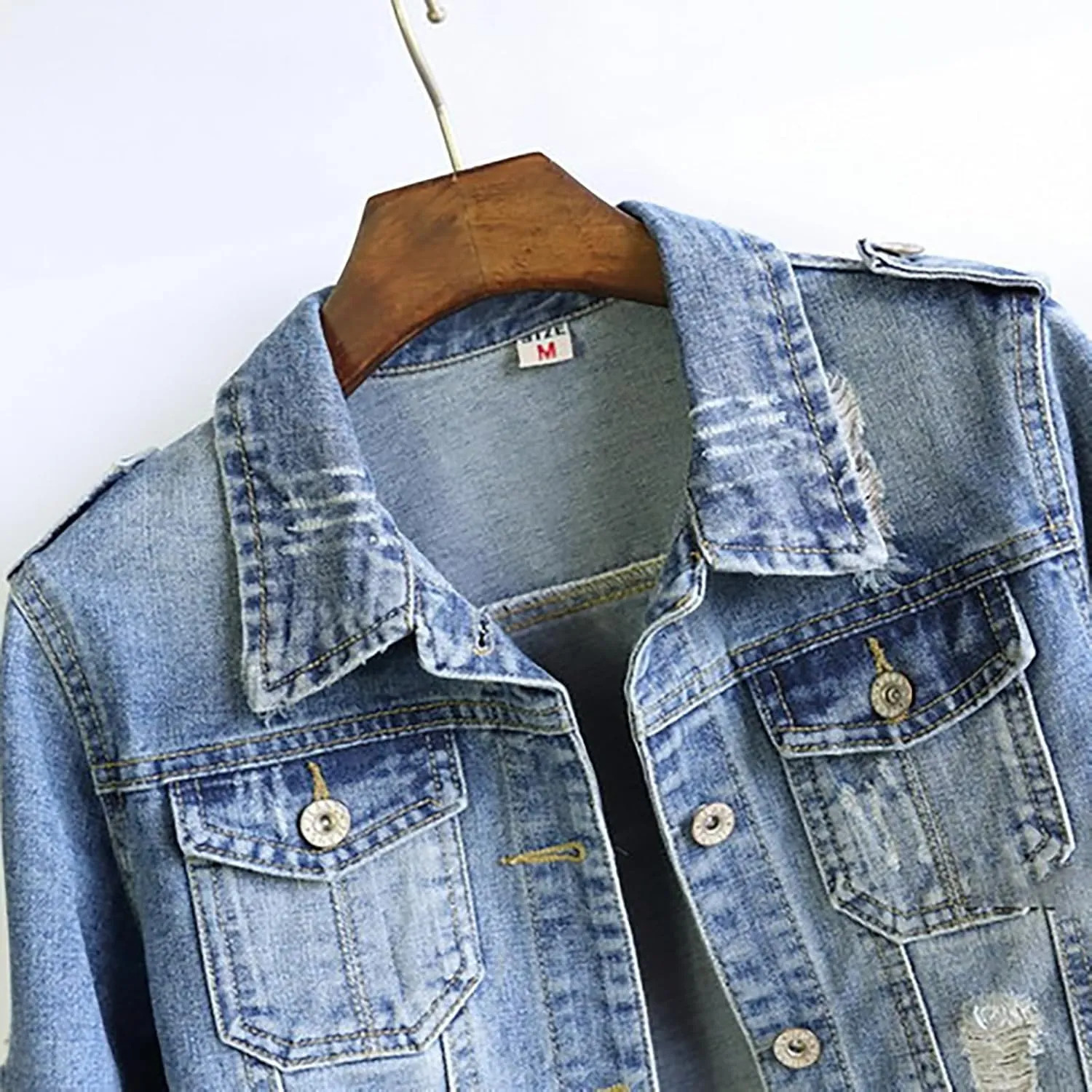 Short Sleeve Denim Jacket for Women 3/4 Sleeve Cropped Light Wash Short Jean Jacket Slim Trucker Coat Denim Tops