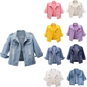 Short Sleeve Denim Jacket for Women 3/4 Sleeve Cropped Light Wash Short Jean Jacket Slim Trucker Coat Denim Tops