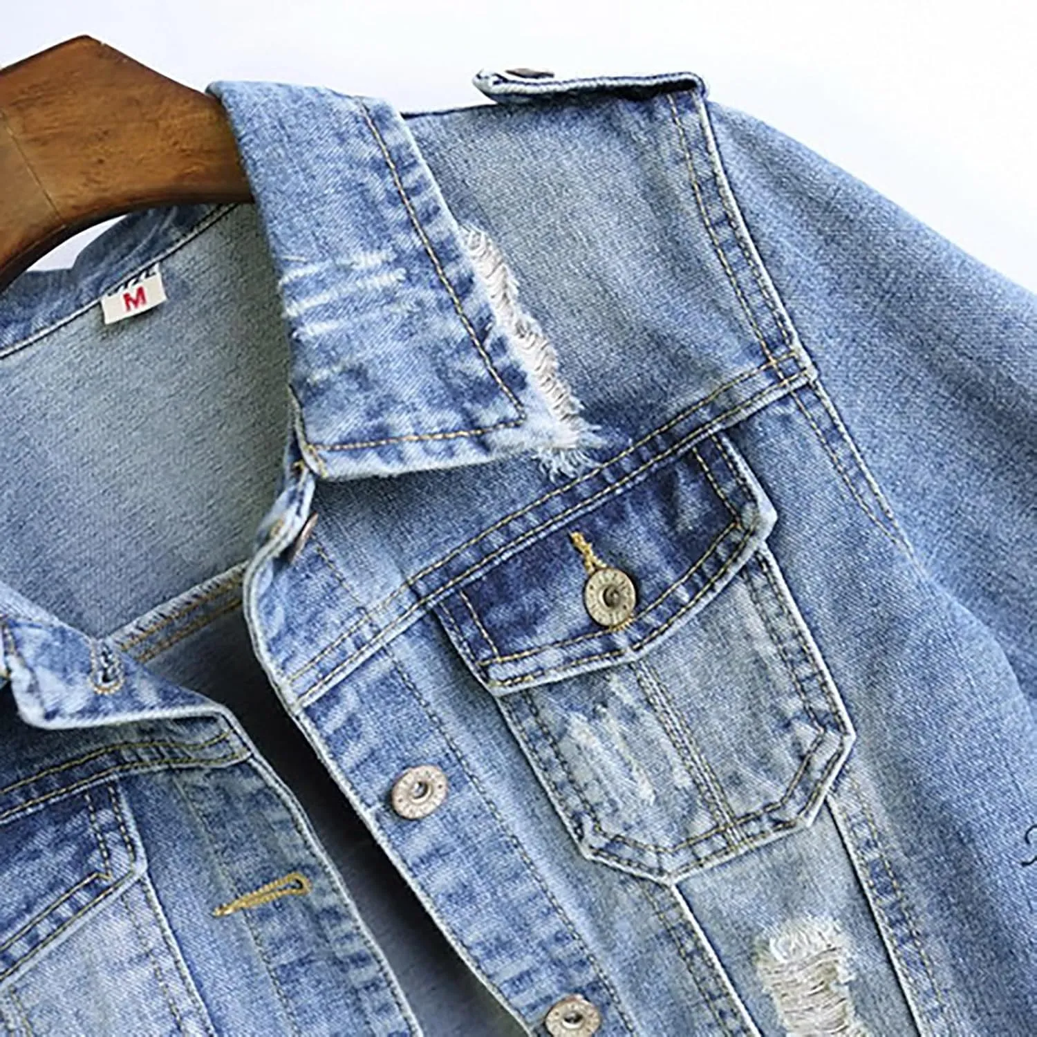 Short Sleeve Denim Jacket for Women 3/4 Sleeve Cropped Light Wash Short Jean Jacket Slim Trucker Coat Denim Tops