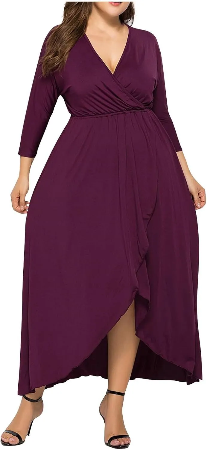 Silk Dresses for Women Elegant V Neck Knee Length Dress Side Slit Midi Dresses Long Sleeve Plus Size Sundress