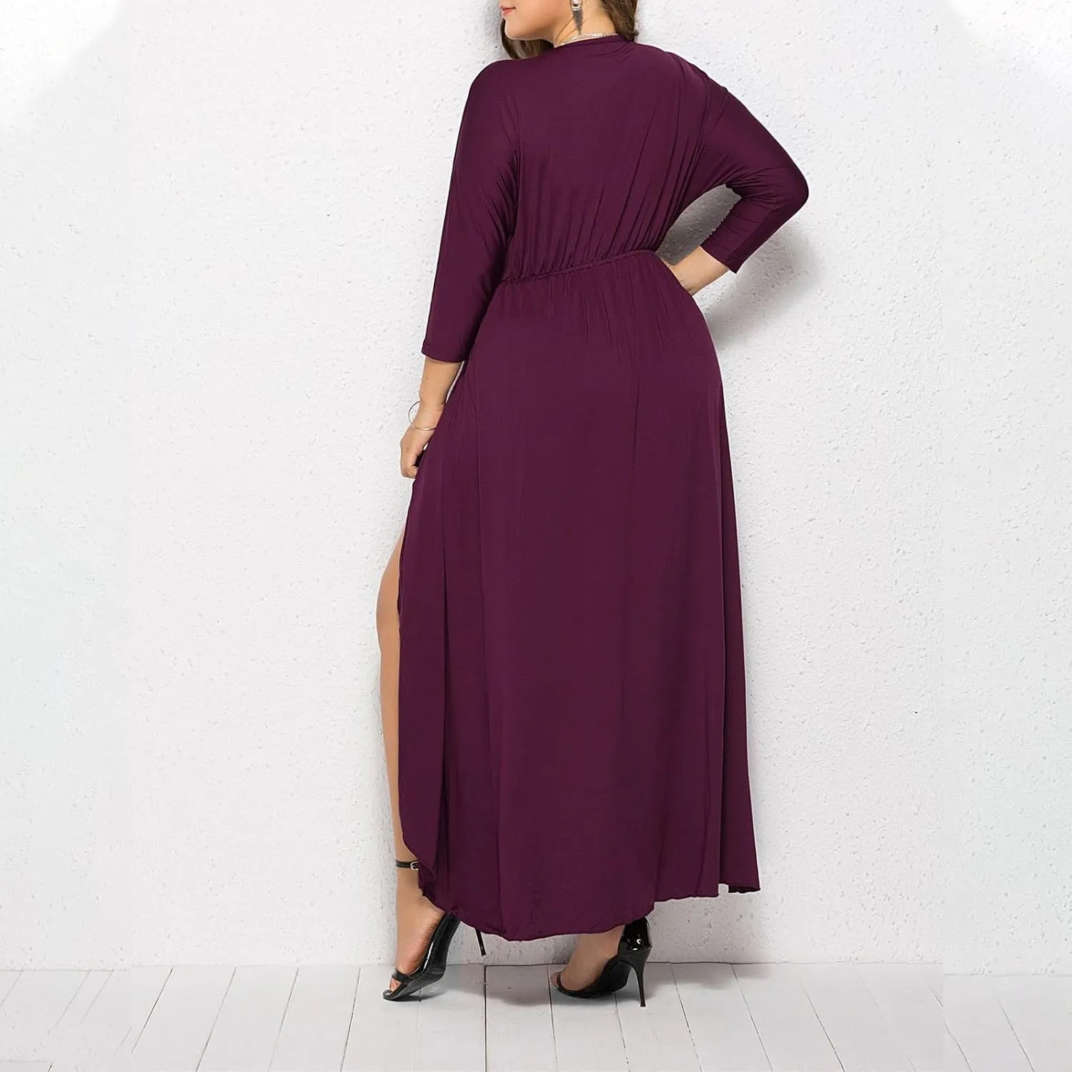 Silk Dresses for Women Elegant V Neck Knee Length Dress Side Slit Midi Dresses Long Sleeve Plus Size Sundress