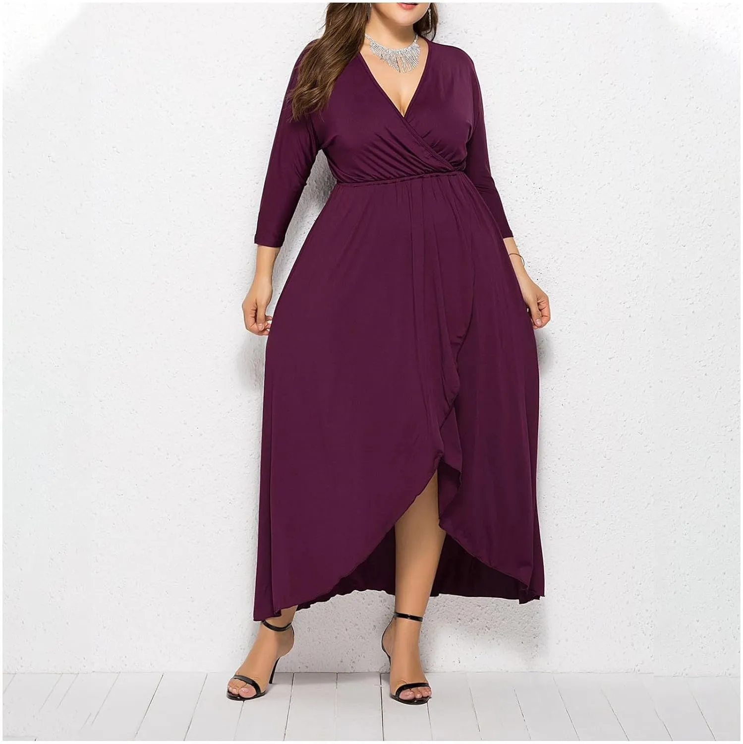 Silk Dresses for Women Elegant V Neck Knee Length Dress Side Slit Midi Dresses Long Sleeve Plus Size Sundress
