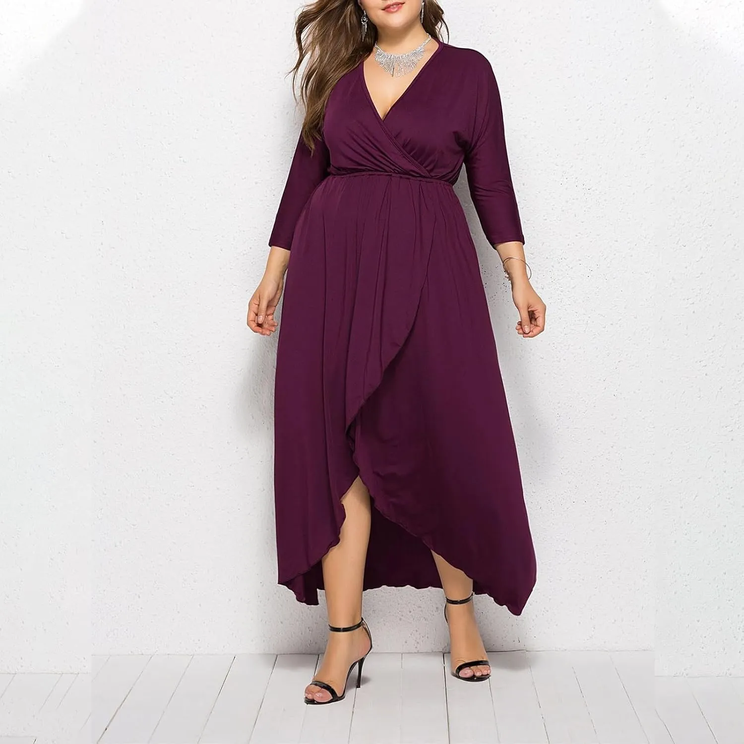 Silk Dresses for Women Elegant V Neck Knee Length Dress Side Slit Midi Dresses Long Sleeve Plus Size Sundress