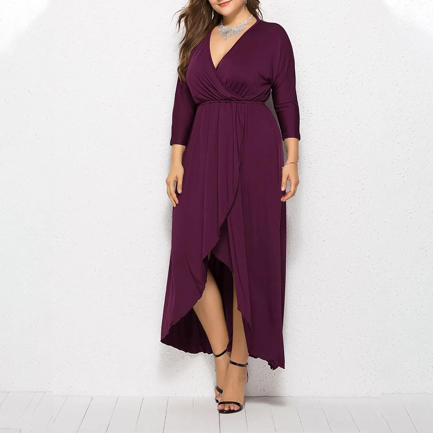 Silk Dresses for Women Elegant V Neck Knee Length Dress Side Slit Midi Dresses Long Sleeve Plus Size Sundress