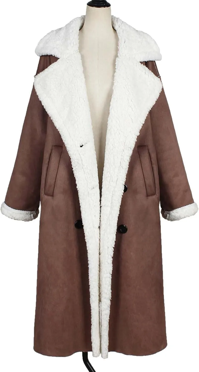 Suede Overcoats Sherpa Lined Womens Winter Coats Trendy Notched Lapel Long Fleece Jacket Warm Slim Fit Furry Outerwear