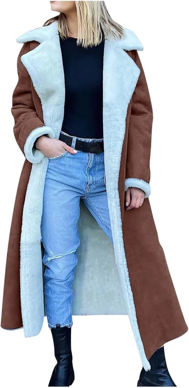 Suede Overcoats Sherpa Lined Womens Winter Coats Trendy Notched Lapel Long Fleece Jacket Warm Slim Fit Furry Outerwear