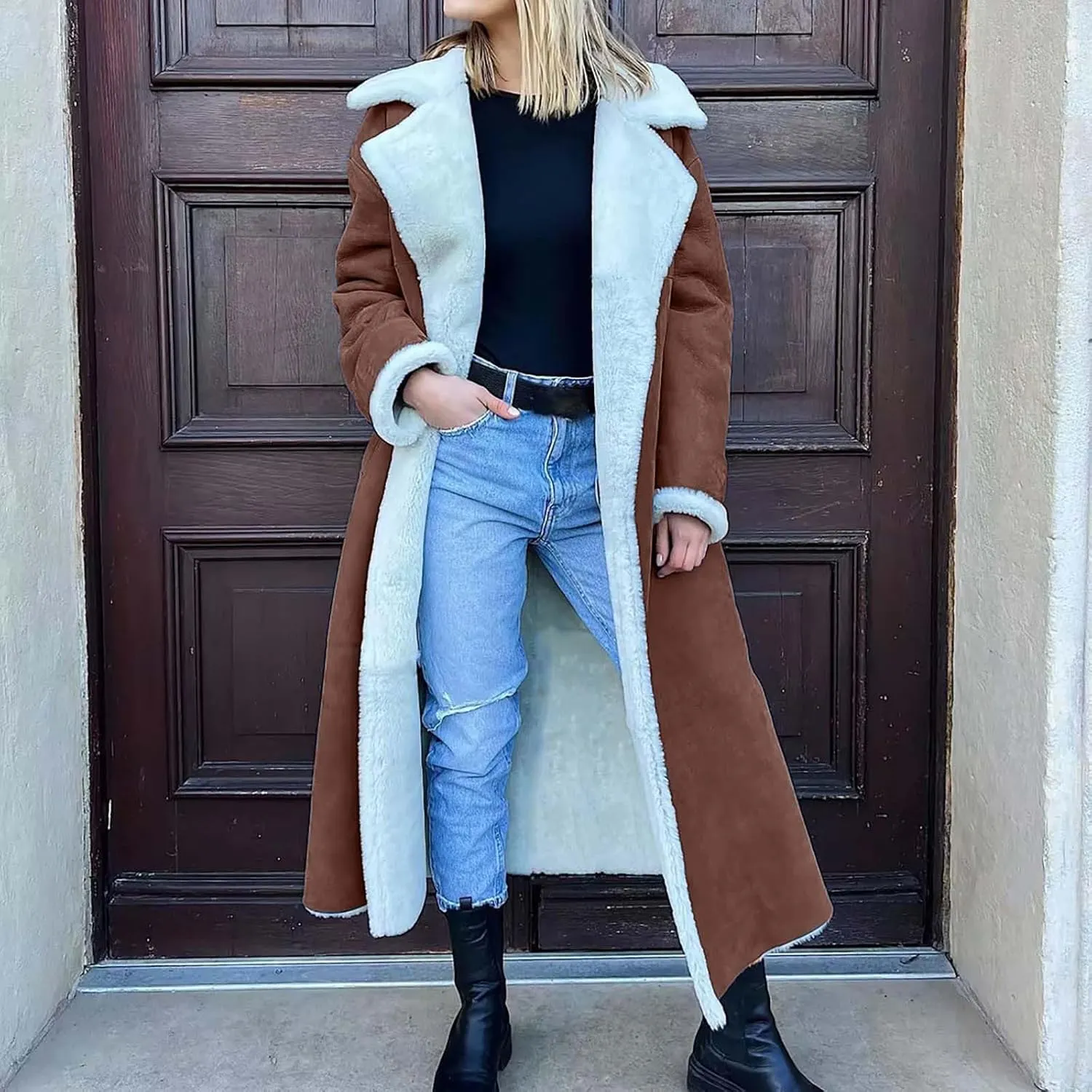 Suede Overcoats Sherpa Lined Womens Winter Coats Trendy Notched Lapel Long Fleece Jacket Warm Slim Fit Furry Outerwear