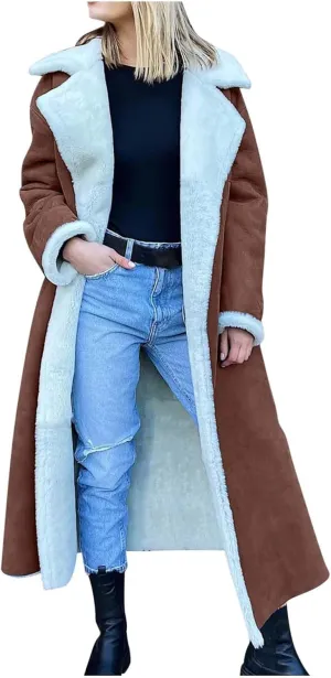 Suede Overcoats Sherpa Lined Womens Winter Coats Trendy Notched Lapel Long Fleece Jacket Warm Slim Fit Furry Outerwear