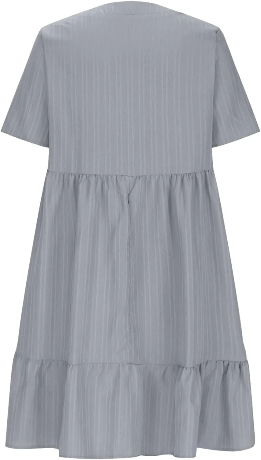 Summer Dresses for Women 2025 Short Sleeve Elegant Mini Dress Pleated Casual Dresses Ruffle Flowy V Neck Beach Sundresses