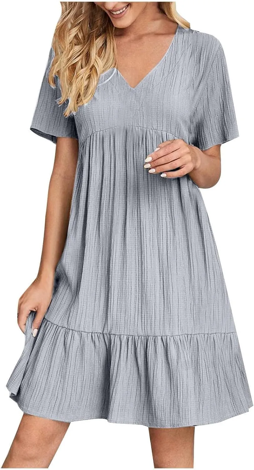 Summer Dresses for Women 2025 Short Sleeve Elegant Mini Dress Pleated Casual Dresses Ruffle Flowy V Neck Beach Sundresses