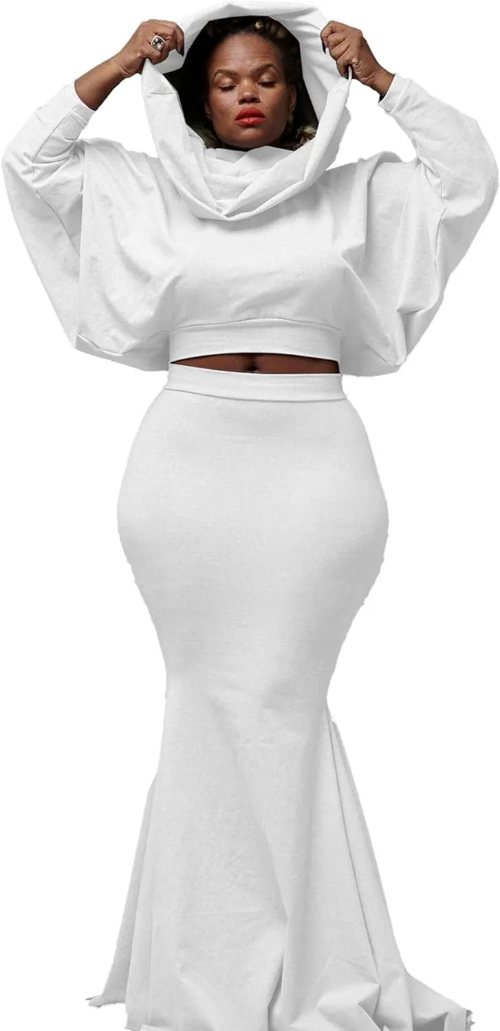 Tbahhir Womens Batwing Sleeve Heaps Collar Tops 2 Piece Outfit Crop Top and Bodycon Fishtail Mermaid Maxi Skirt Sets