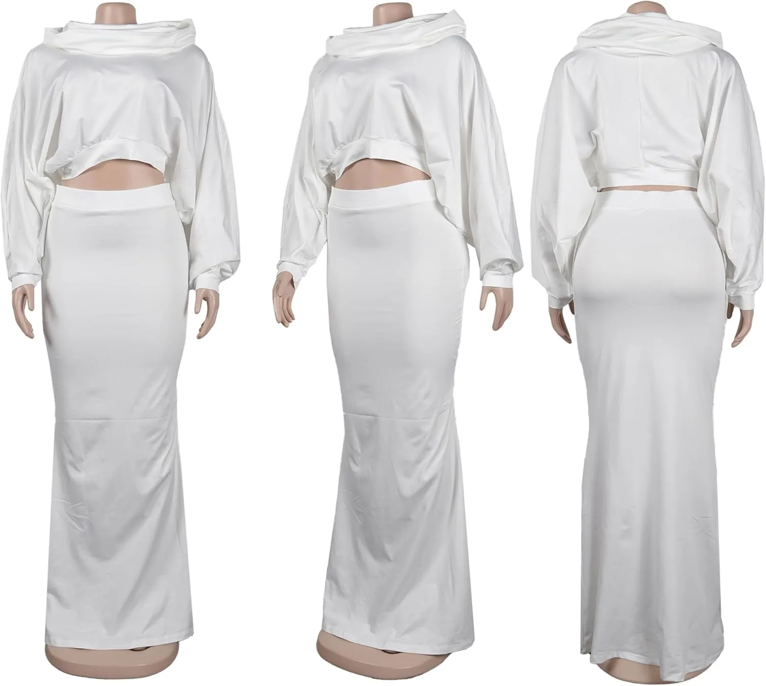 Tbahhir Womens Batwing Sleeve Heaps Collar Tops 2 Piece Outfit Crop Top and Bodycon Fishtail Mermaid Maxi Skirt Sets