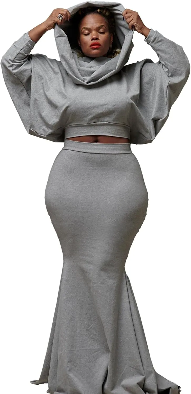 Tbahhir Womens Batwing Sleeve Heaps Collar Tops 2 Piece Outfit Crop Top and Bodycon Fishtail Mermaid Maxi Skirt Sets