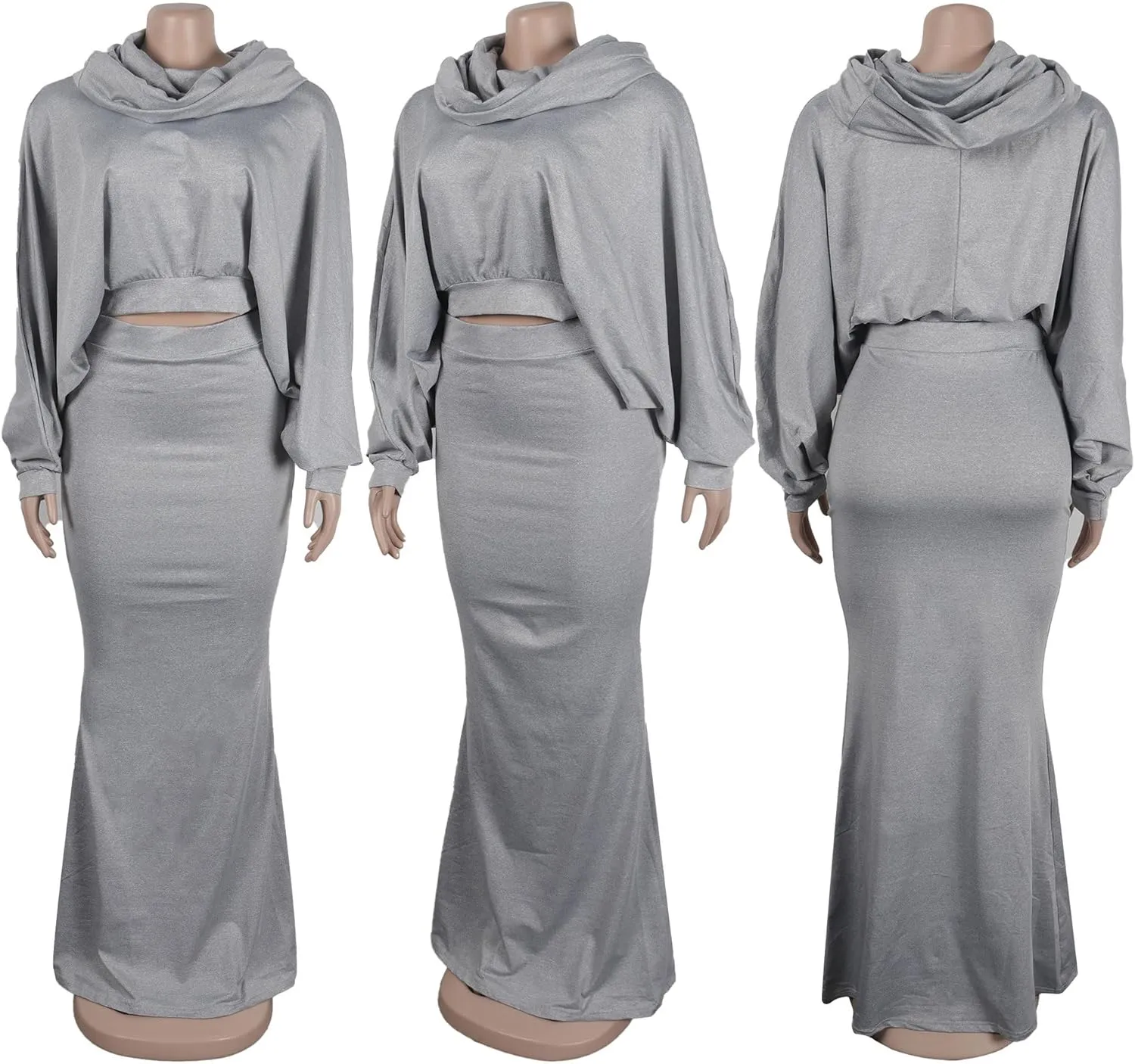 Tbahhir Womens Batwing Sleeve Heaps Collar Tops 2 Piece Outfit Crop Top and Bodycon Fishtail Mermaid Maxi Skirt Sets