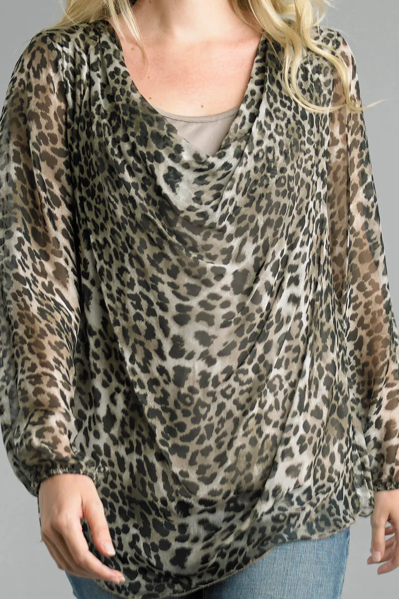 Tempo Cheetah Print Cowl Neckline Sheer Blouse With Lining