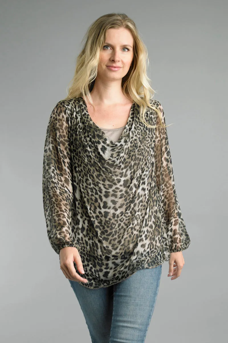 Tempo Cheetah Print Cowl Neckline Sheer Blouse With Lining