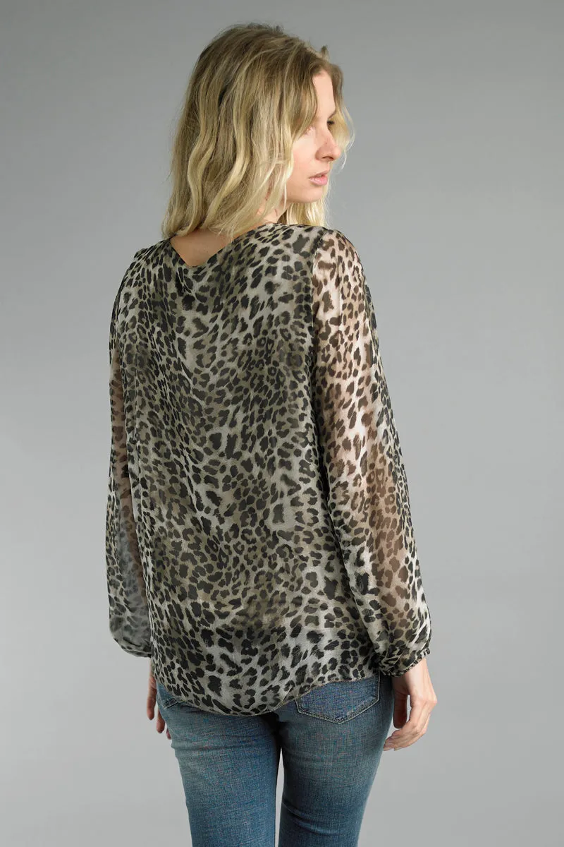 Tempo Cheetah Print Cowl Neckline Sheer Blouse With Lining