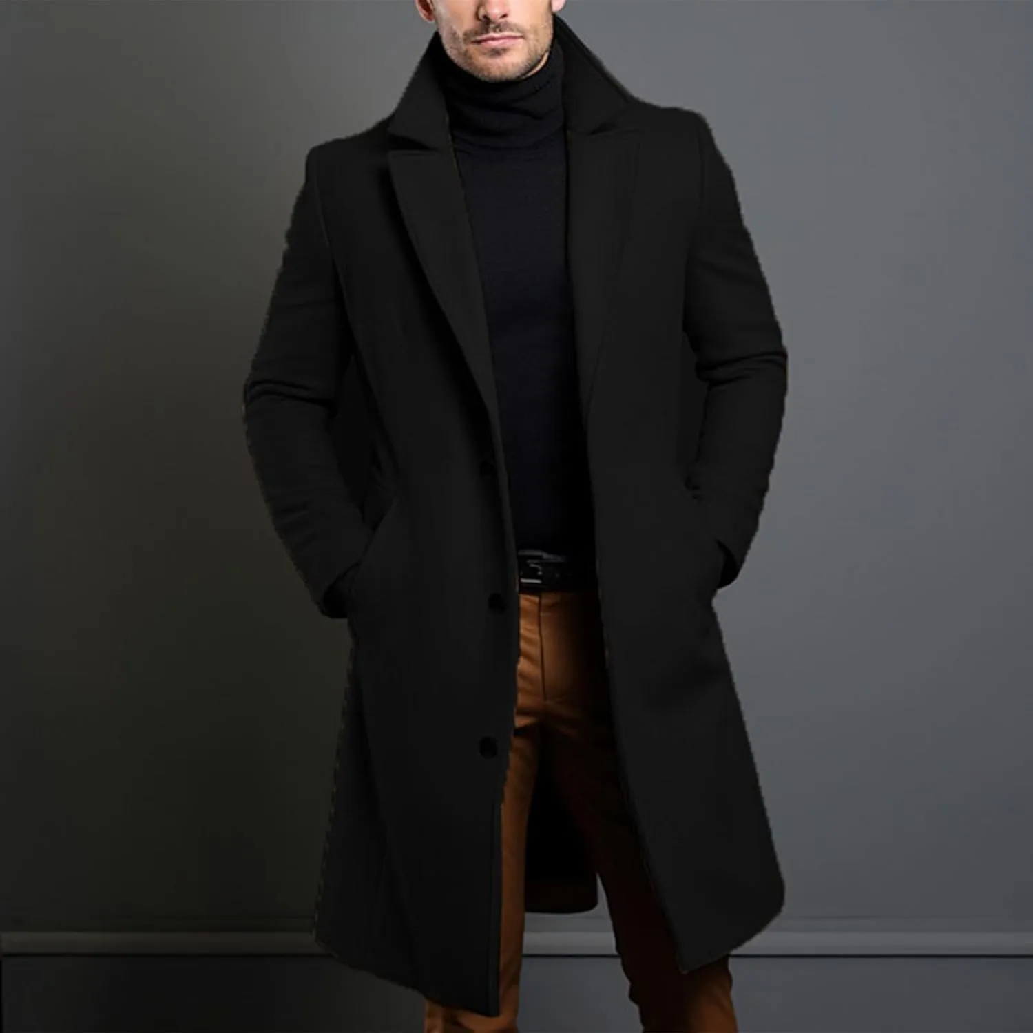 Thatrich Cardigan Trench Coat Men Winter Business Casual Jacket Warm Long Peacoat Office Work Coat Formal Casual Outfit Coats