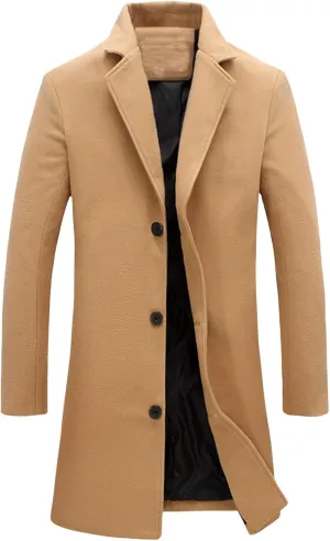 Thatrich Men's Pea Coat Casual Business Trench Coat Long Windbreaker Jacket Wool Blend Blazer Single Breasted Overcoat Coats