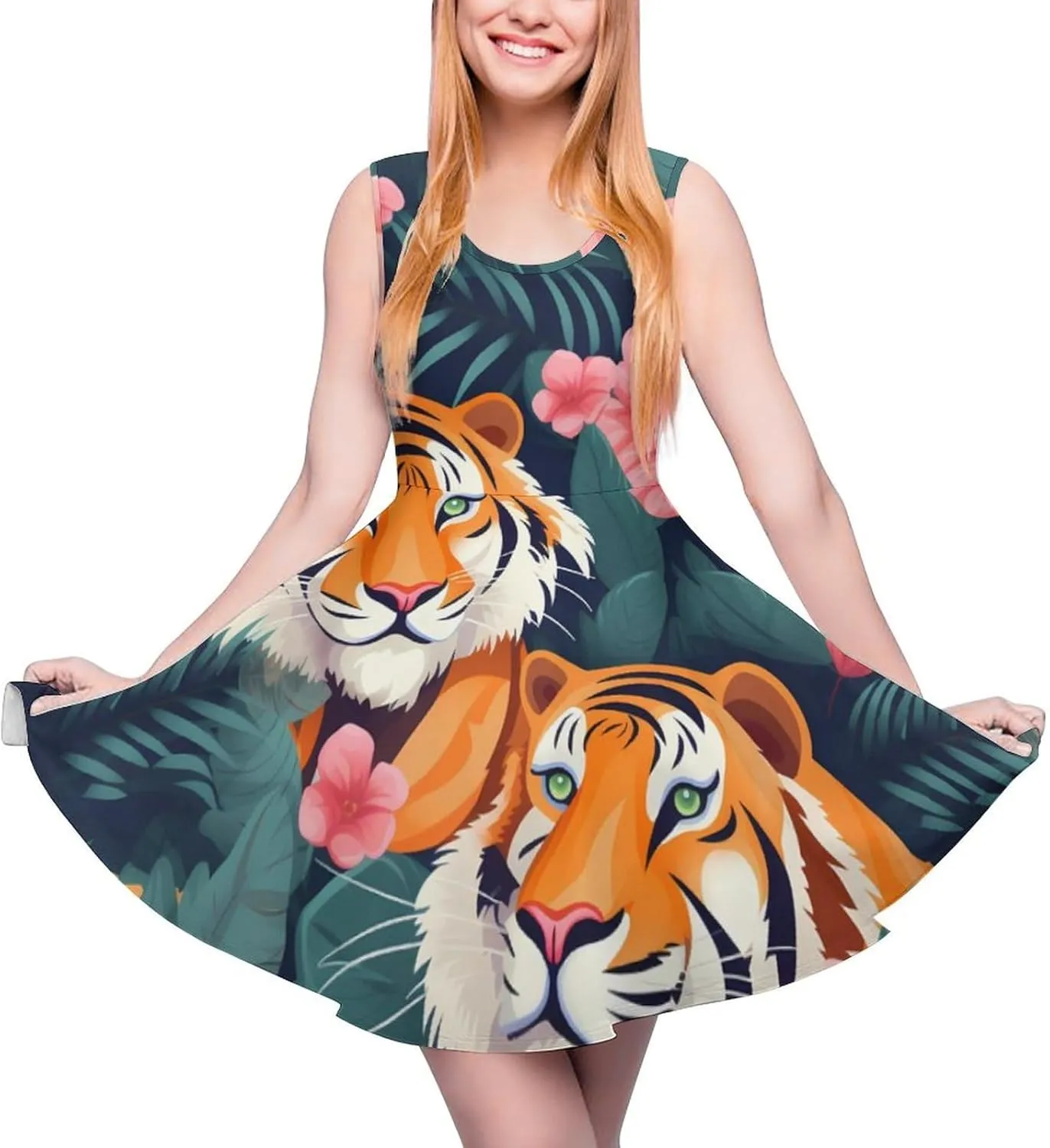 Tiger Floral Flower Women's Dress Round Neck Dress Sleeveless Tank Dress Ruffle Hem Mini Dresses S