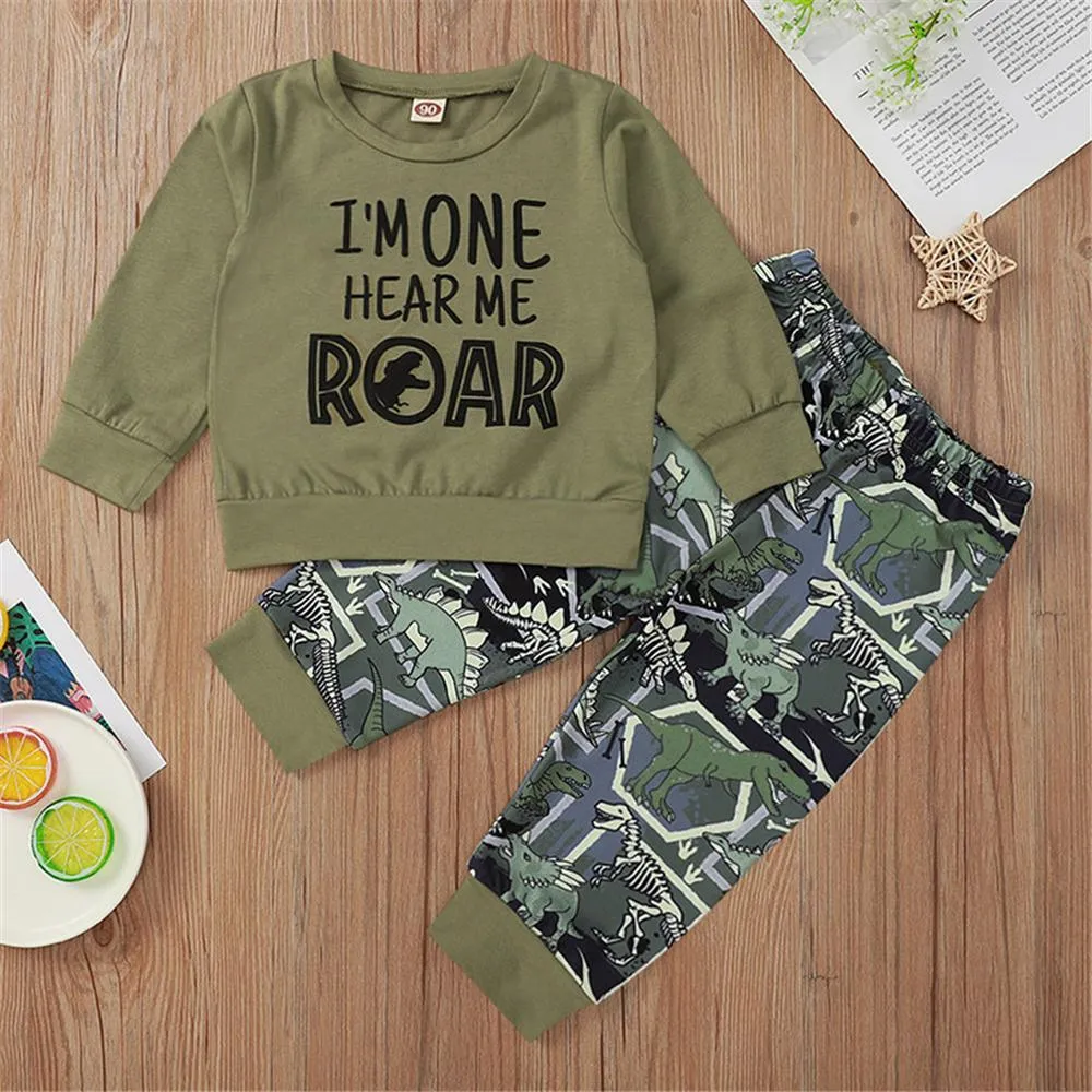 Toddler Boy Letter Long Sleeve Top & Dinosaur Pants Boys Clothes Wholesale