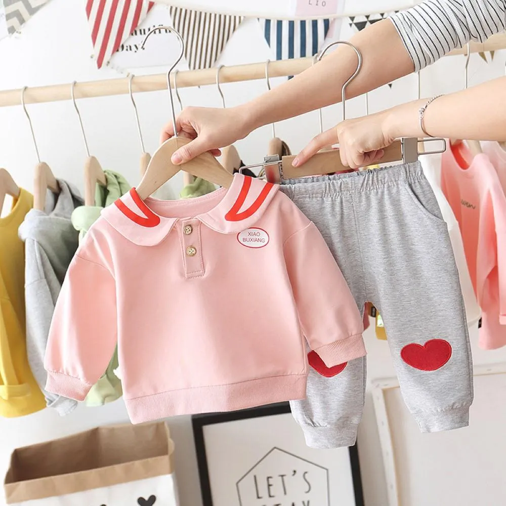 Toddler Girls Bottons Long Sleeve Top & Love Pants Wholesale Girl Clothing