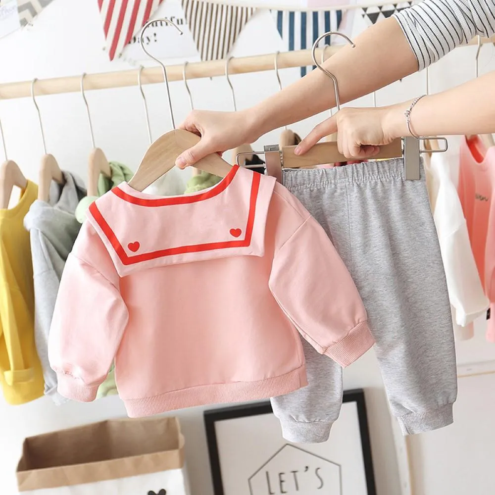 Toddler Girls Bottons Long Sleeve Top & Love Pants Wholesale Girl Clothing