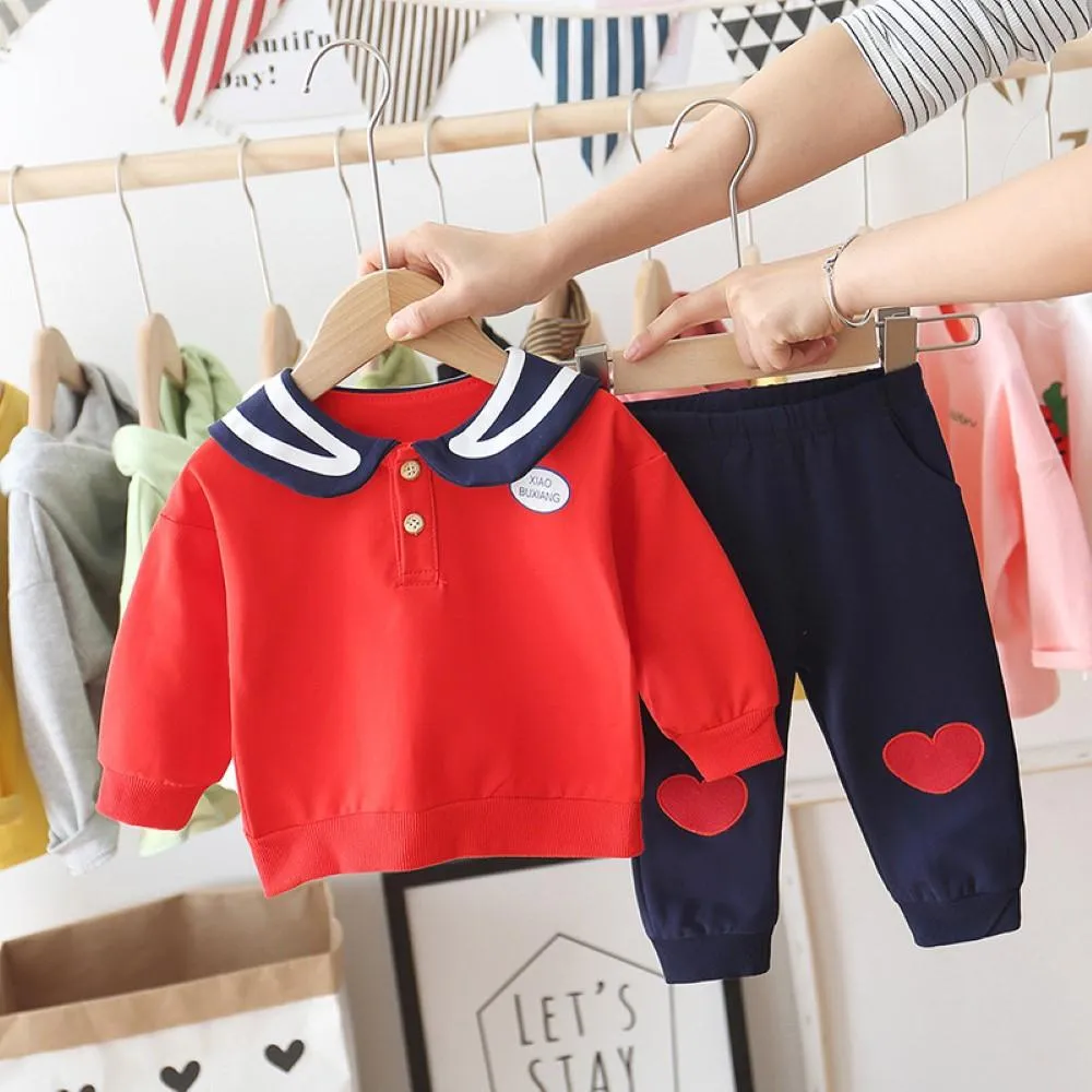 Toddler Girls Bottons Long Sleeve Top & Love Pants Wholesale Girl Clothing
