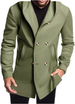 Trench Coat Men with Hood Double Breasted Pea Coat Warm Lapel Work Business Jacket Windproof Overcoatf for Fall Winter