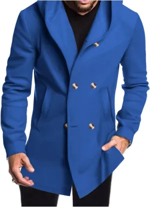 Trench Coat Men with Hood Double Breasted Pea Coat Warm Lapel Work Business Jacket Windproof Overcoatf for Fall Winter