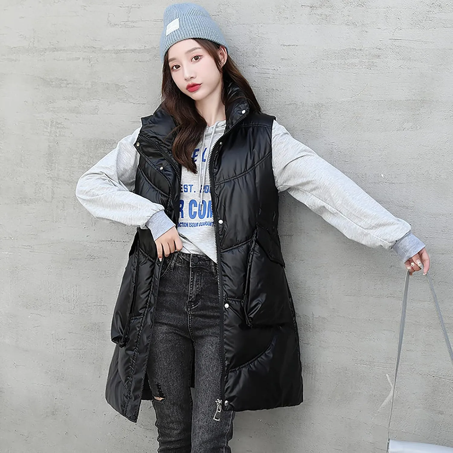 tuduoms Women Vest Hooded Lightweight Zip Quilted Puffer Vest Teen Girls Warm Winter Cotton Padded Long Vest Gilet Waistcoat