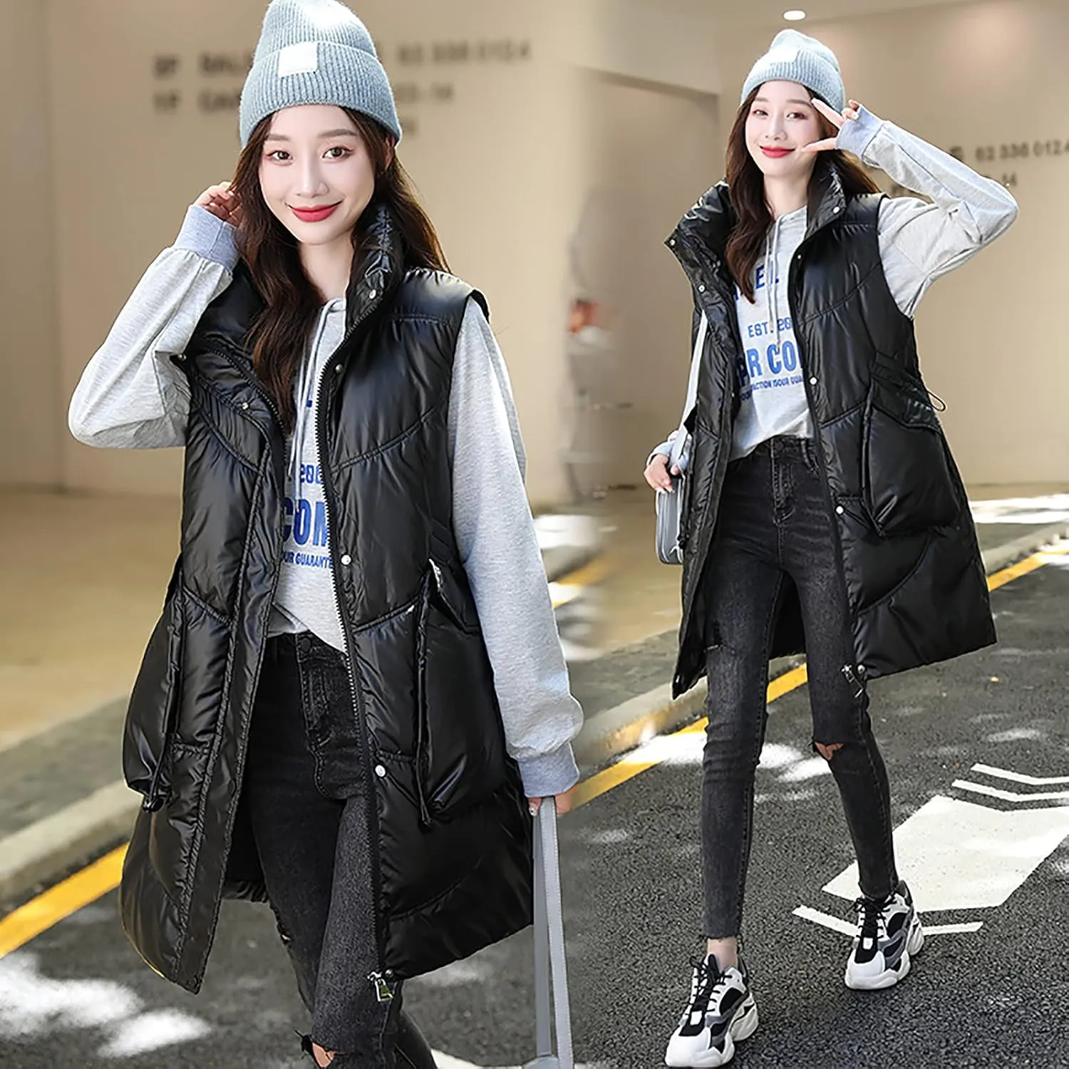 tuduoms Women Vest Hooded Lightweight Zip Quilted Puffer Vest Teen Girls Warm Winter Cotton Padded Long Vest Gilet Waistcoat