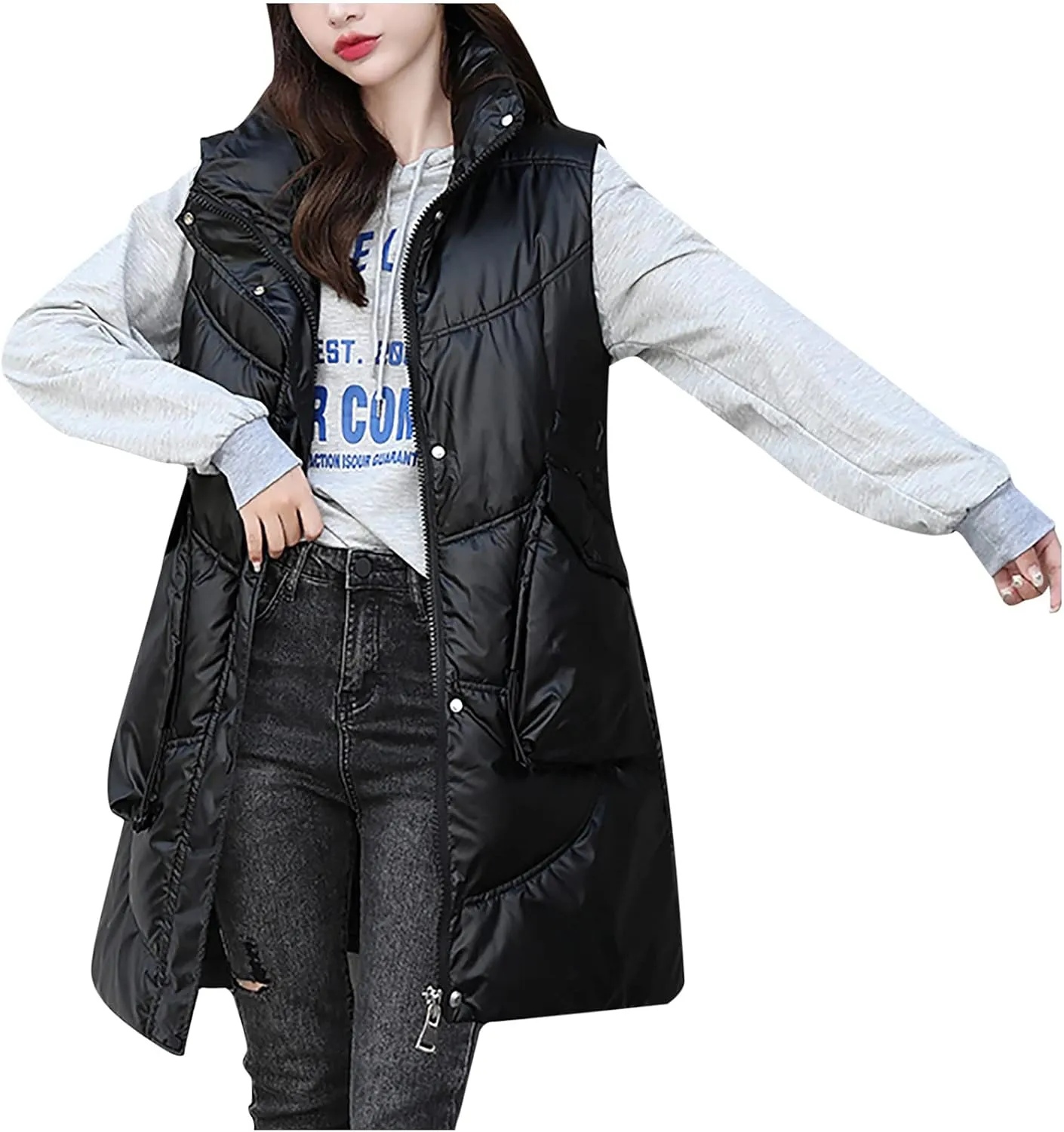 tuduoms Women Vest Hooded Lightweight Zip Quilted Puffer Vest Teen Girls Warm Winter Cotton Padded Long Vest Gilet Waistcoat
