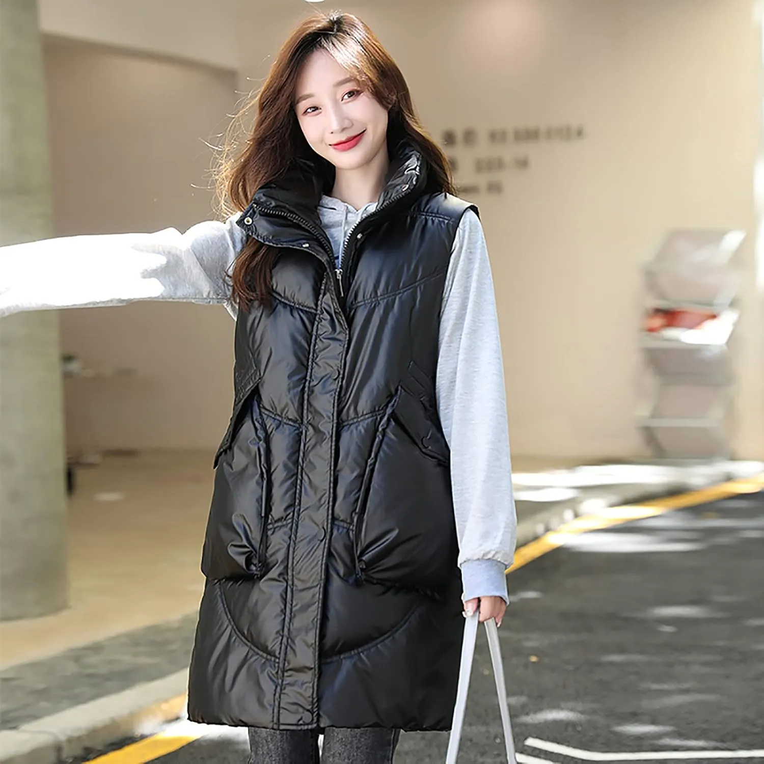 tuduoms Women Vest Hooded Lightweight Zip Quilted Puffer Vest Teen Girls Warm Winter Cotton Padded Long Vest Gilet Waistcoat