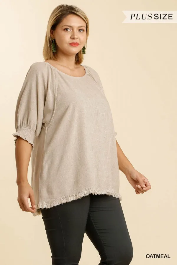 Umgee Linen Blend Balloon Sleeve Top Oatmeal Plus