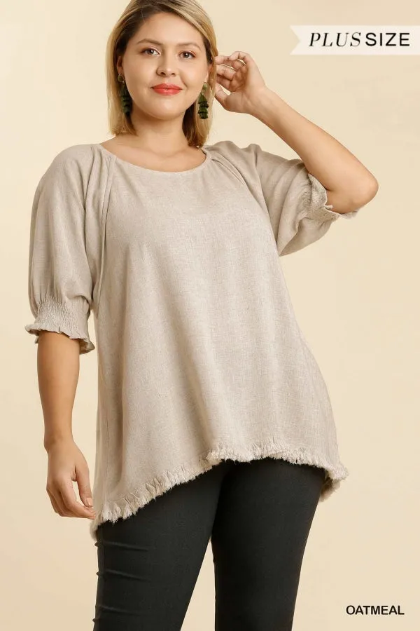 Umgee Linen Blend Balloon Sleeve Top Oatmeal Plus