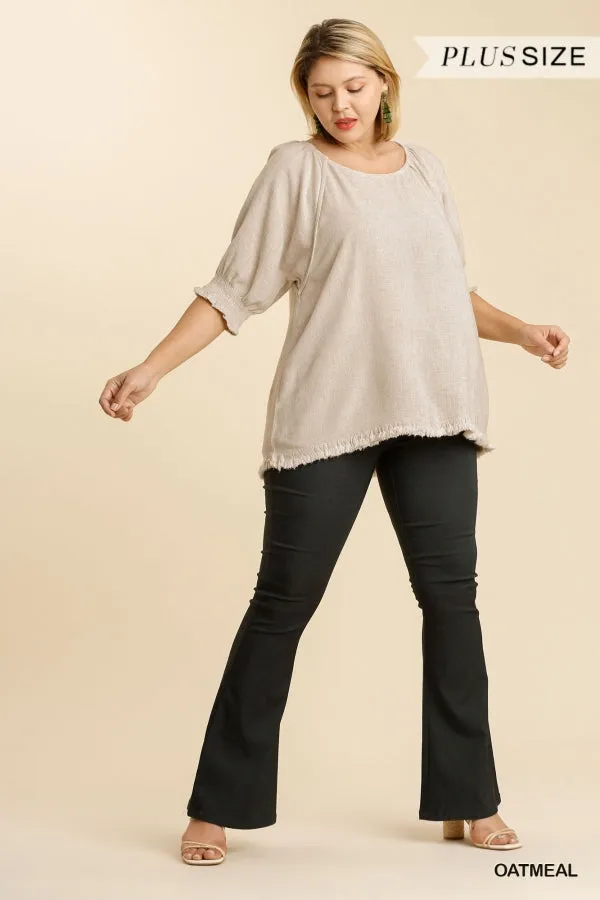 Umgee Linen Blend Balloon Sleeve Top Oatmeal Plus
