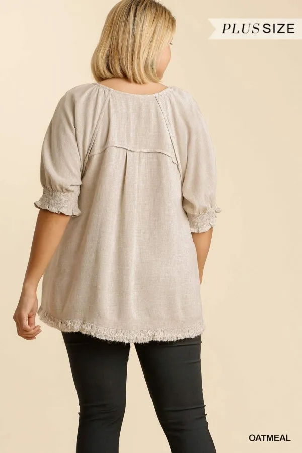 Umgee Linen Blend Balloon Sleeve Top Oatmeal Plus