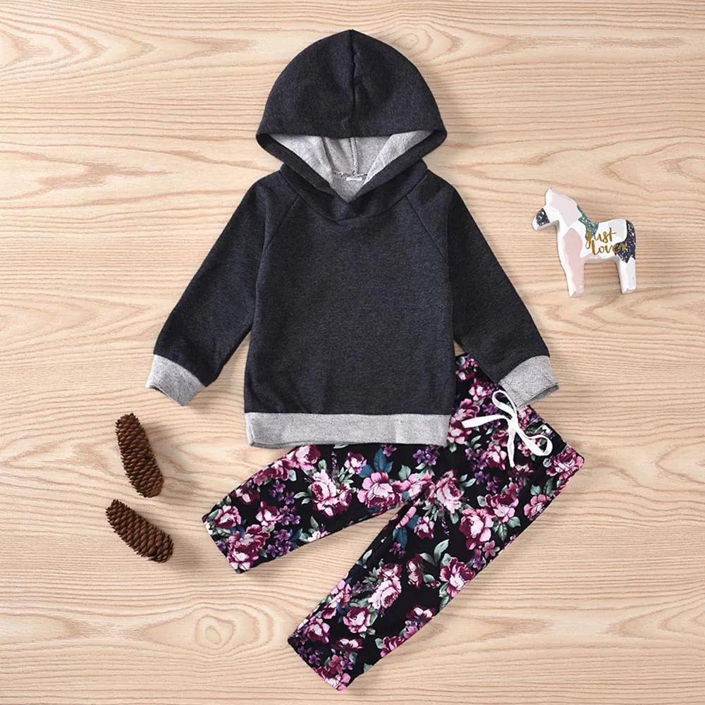 Unisex Solid Hooded Long Sleeve T-shirts & Floral Pants Wholesale