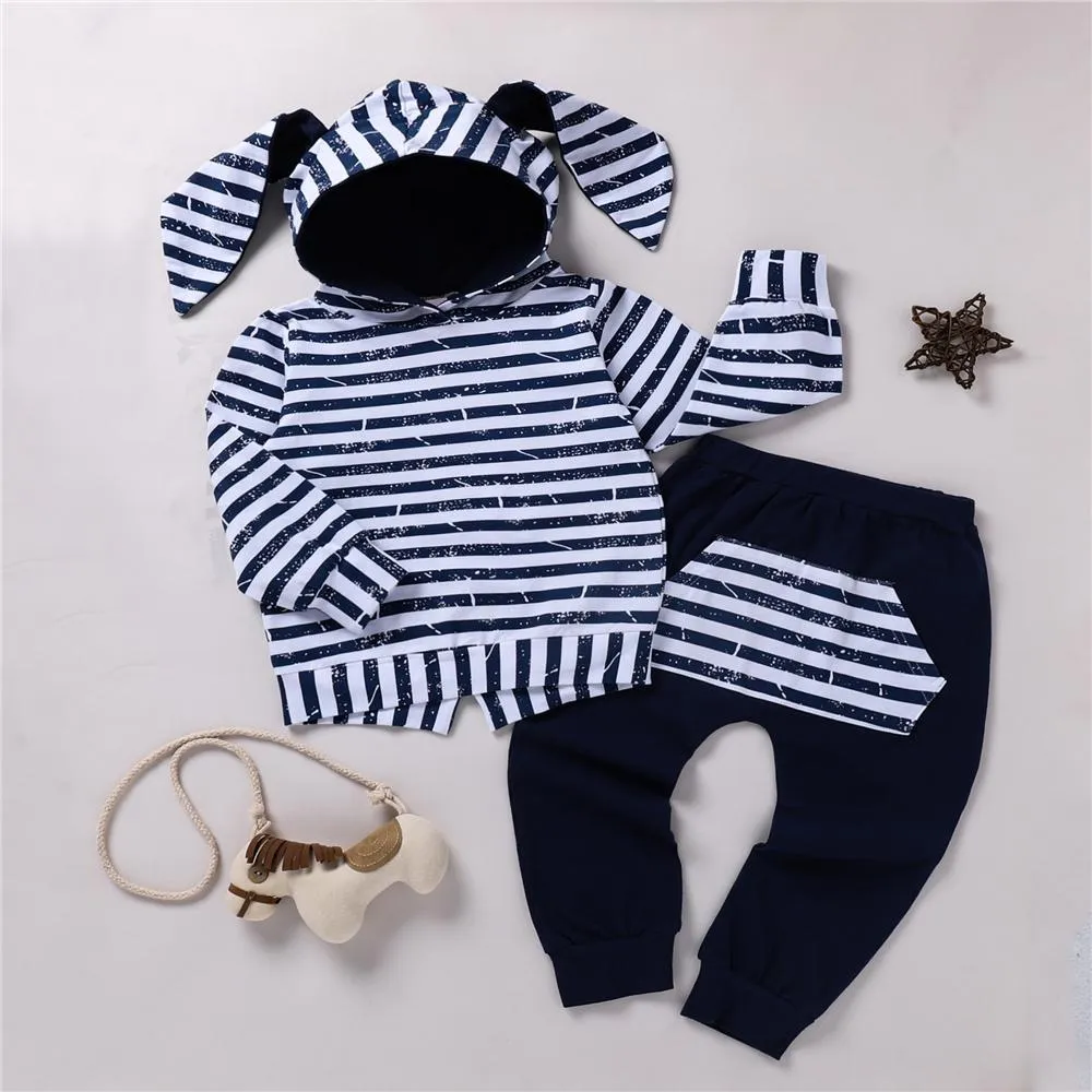 Unisex Stripe Hooded Long Sleeve Top & Pants Trendy Toddler Clothes Cheap