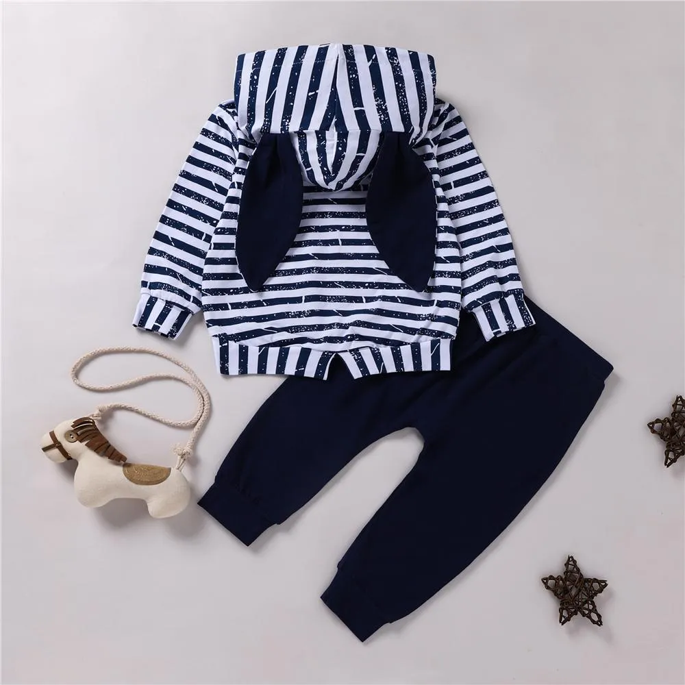Unisex Stripe Hooded Long Sleeve Top & Pants Trendy Toddler Clothes Cheap